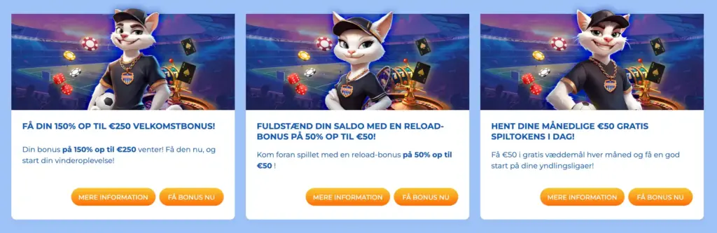 Kasinoets bonustilbud med en legesyg maskotkat i et sportsstadion, der fremhæver velkomstbonussen på 150 %, genindbetalingsbonussen og de månedlige gratis væddemål.