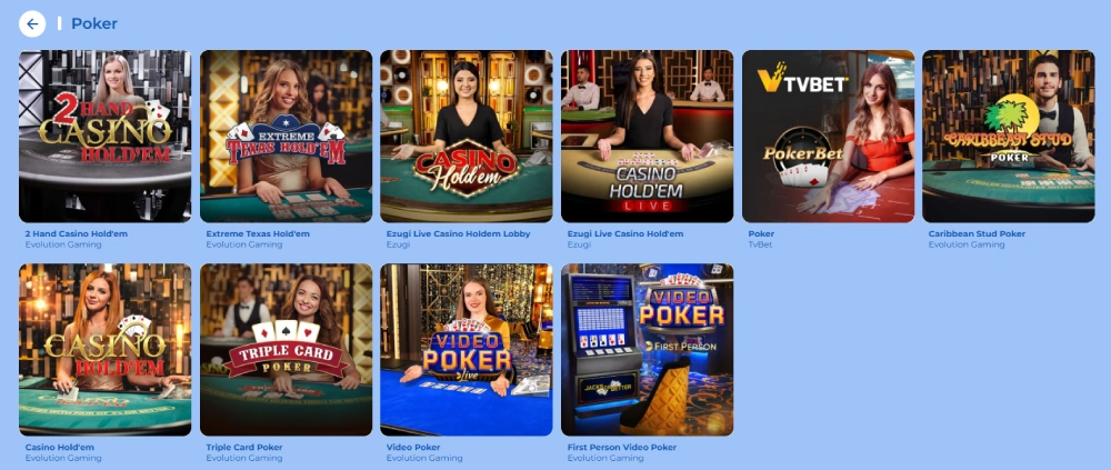 Liste over de bedste live pokerspil på FeliceBet Casino.
