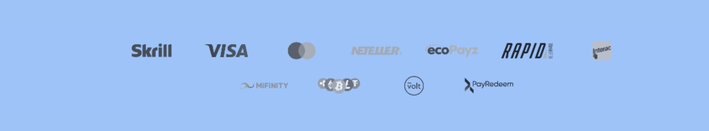 Logoer for betalingsmuligheder som Skrill, VISA, Neteller, ecoPayz, Rapid og andre, vist på en blå baggrund.
