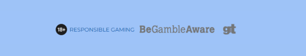 Logo for ansvarligt spil, inklusive 18+, Responsible Gaming, BeGambleAware og GT, vist på en blå baggrund.