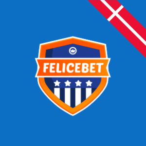 FeliceBet Casino-logo med en blå baggrund og stjerner i et skjold med det danske flag.