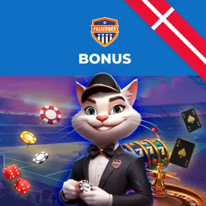 FeliceBet bonustilbud med en katte-maskot i smoking, der holder casinochips, med en sports-tema baggrund.