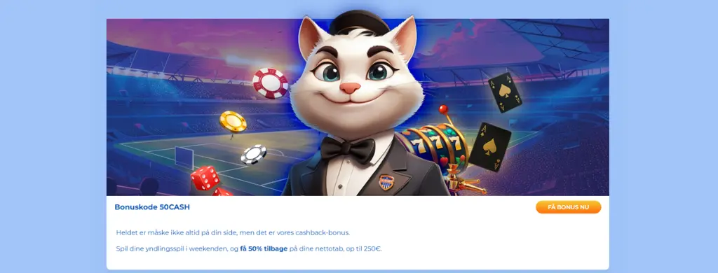 FeliceBet Casino weekend cashback-bonus med hvid kat-maskot i smoking – 50 % refusion på nettotab op til 250 €.