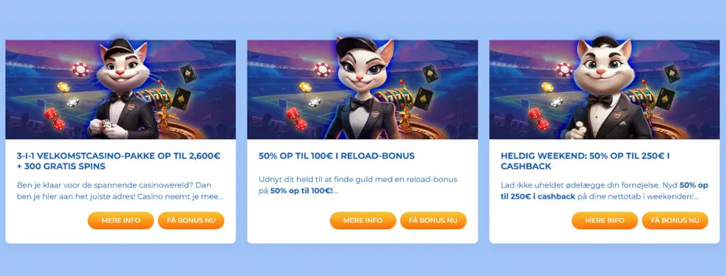FeliceBet Casinos velkomstbonus tilbyder en 3-i-1-pakke på op til 2.600 € med 300 gratis spins, reload-bonusser og weekend-cashback.