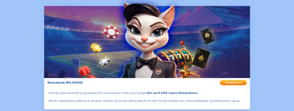 FeliceBet reload-bonuskampagne med katte-maskot – 50 % op til 100 € casino-bonus ved brug af koden RELOAD50.