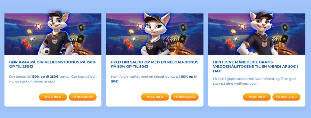FeliceBet sportsvæddemålskampagner – velkomstbonus op til 250 €, genindbetalingsbonus op til 50 € og månedlige gratis væddemålstokens til en værdi af 50 €.