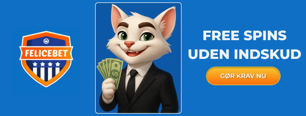 Felicebet-karakter med kontanter og en »Krav nu«-knap.