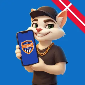 En stiliseret kattefigur holder en smartphone med FeliceBet-logoet.