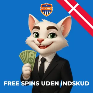 Felicebet-figur med kontanter og teksten ›Gratis spins uden indskud‹.