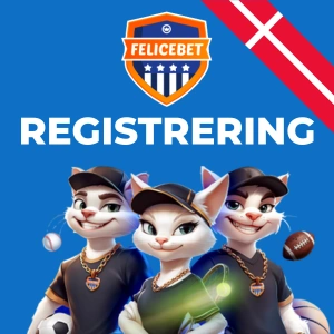 Felicebet-logo med en maskot og en 'Registrering' knap.