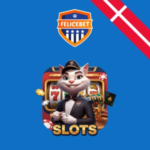 FeliceBet logo med en koalitionskat i uniform og nøjagtig med symboler som spillekort og mønter, med ordet 'SLOTS' nedenfor og den danske flag på toppen.